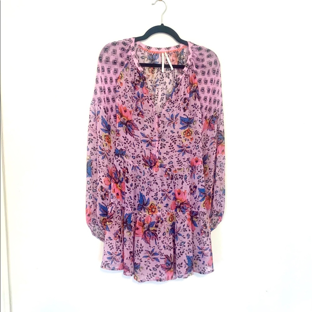 Anthropologie semi-sheer loose purple, pink, blue buttoned tunic dress M